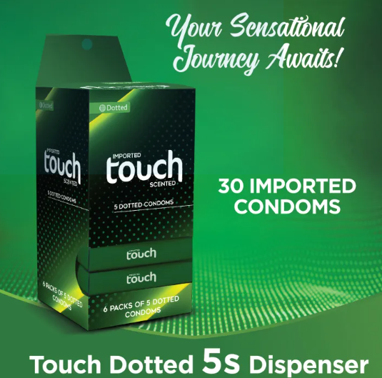 Touch Dotted Condoms Dispenser – Pack of 5 (30 Pieces Total, 5 x 6’s) | Premium Dotted Condoms for Extra Stimulation